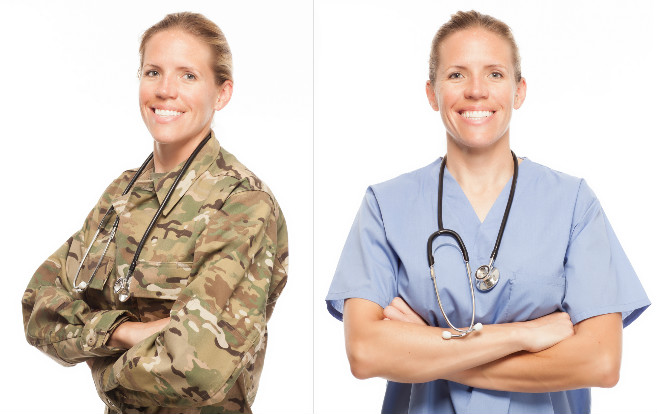 military_to_nurse_transition_same_woman_two_uniforms